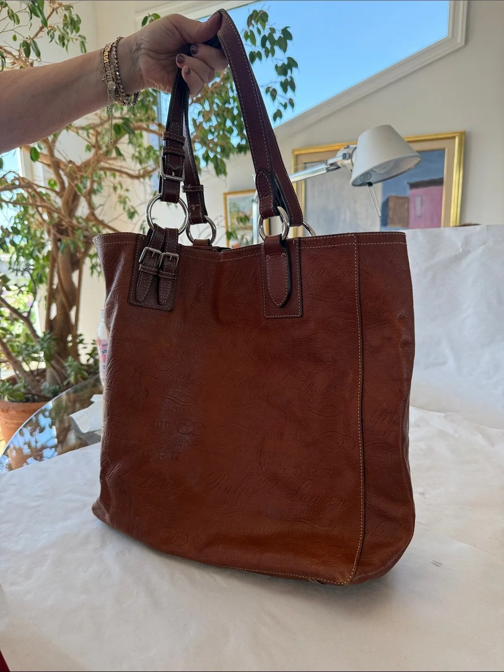 Ralph Lauren Leather Handbag in Terracotta and Forest Green Suede